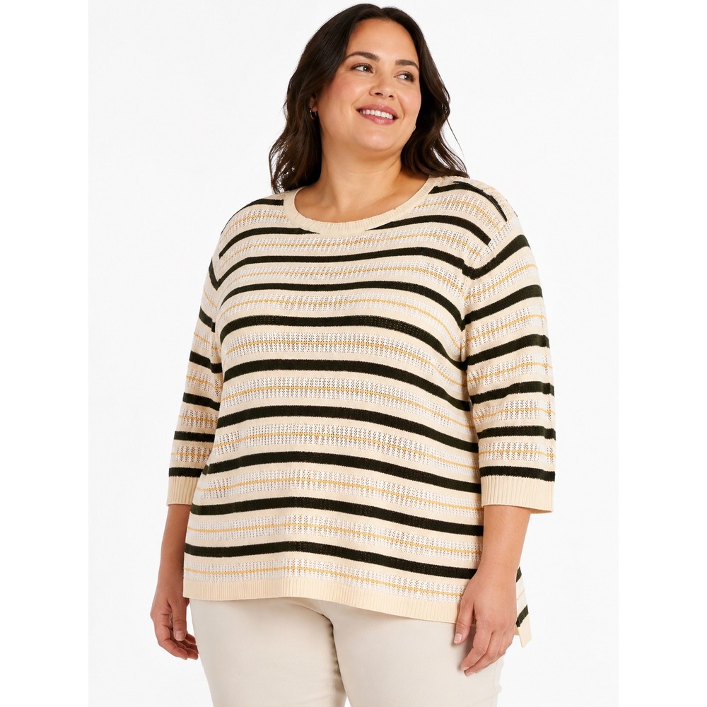 NWT Jones New York Signature Woman Olive Multi Striped Pointelle Sweater 3X